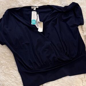 nine britton Navy Wrap-Style Short Sleeve Top